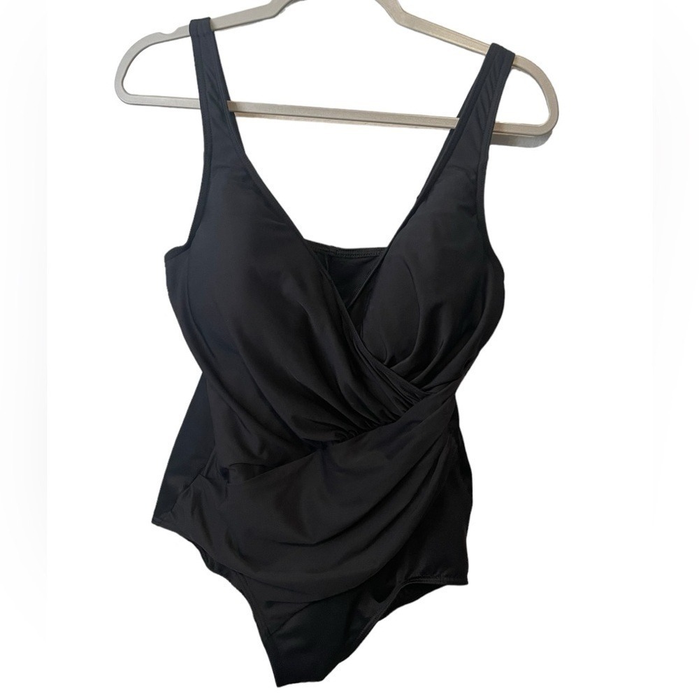 MiracleSuit Swimsuit Sz 16 Black Ruched Wrap One Piece Slimming